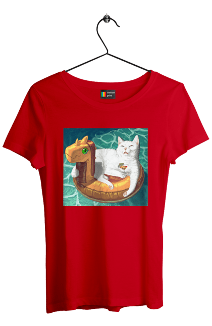 Футболка жіноча з принтом "Білий кіт у плавальному колі, на відпочинку". Басейн, відпочинок, кіт, коктейль, море, плавальний круг. 2070702