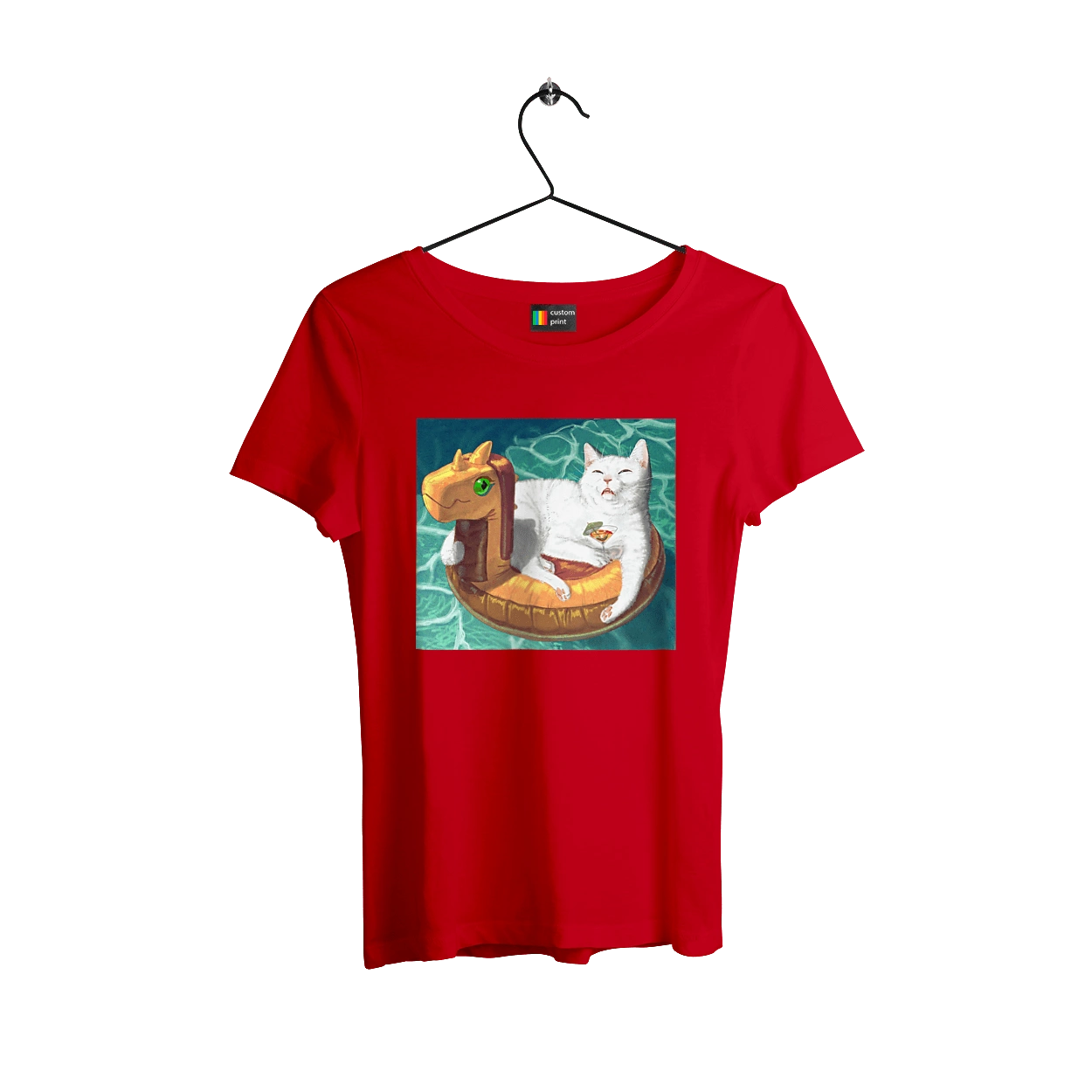 White cat in a swimming circle on vacation