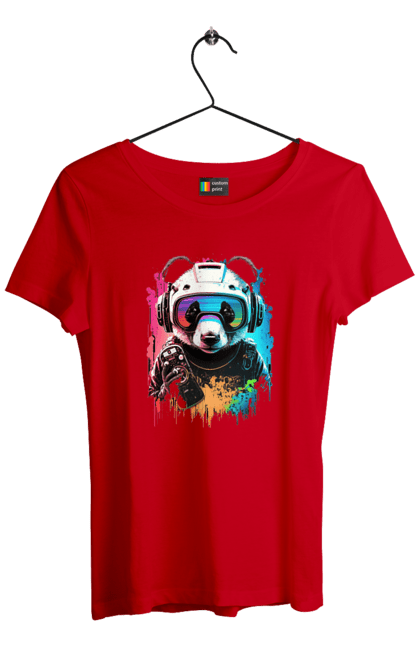 Women`s t-shirt with prints Panda in VR Helmet. Character, geek, helmet, panda, virtual reality. 2070702