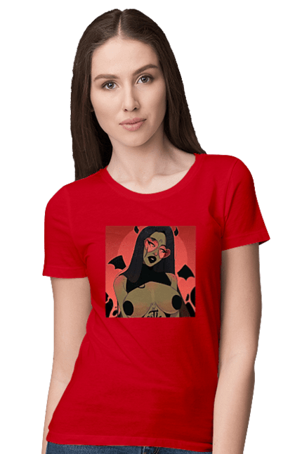 Футболка жіноча з принтом "Диявол З Цицьками". Гола, диявол, сиськи. 2070702