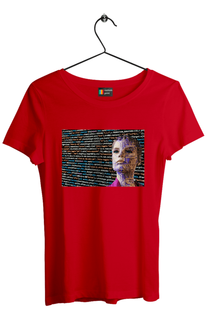 Футболка жіноча з принтом "Штучний Розум". Айті, айтішник, гик, жінка, знання, інженер, інтелект, кібер, кібернетика, кіборг, код, комп, комп`ютерник, кристал, машинне навчання, мікросхема, мозок, портрет, програміст, професіонал, професія, розробник, розум, світиться, світло, хакер, чіп, штучний інтелект, штучний розум. 2070702