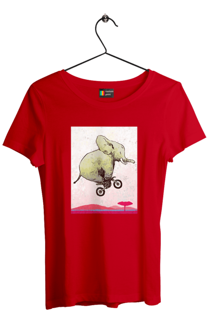 Футболка жіноча з принтом "Слон На Мотоциклі". Мотоцикл, політ, слон. 2070702