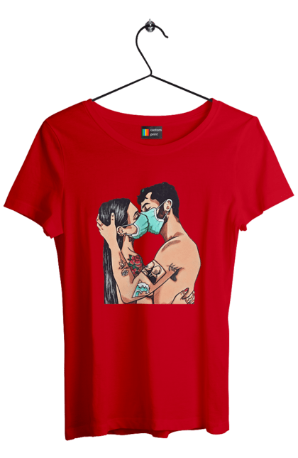 Women`s t-shirt with prints Coronavirus Love. Coronavirus, kiss, love, mask, quarantine. 2070702