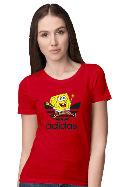 Футболка женская с принтом Adidas Губка Боб. Adidas, spongebob, адидас, баскетбол, губка боб, мультик, мультсериал, мяч, спанч боб, спорт. 2070702