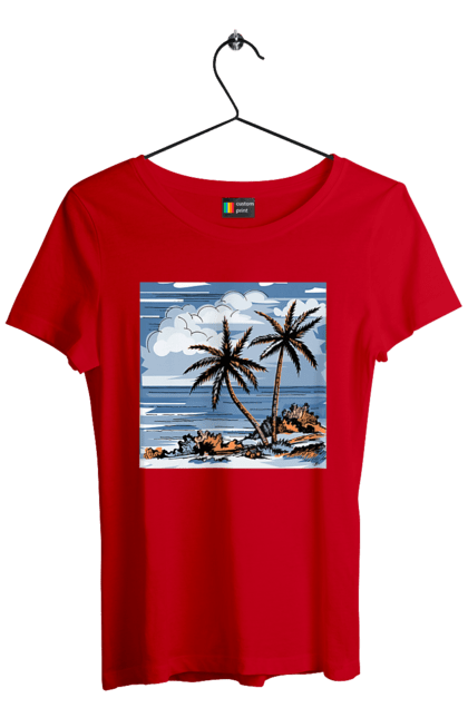 Футболка жіноча з принтом "Пальми І Небо". Море, небо, пальми, хмари. 2070702