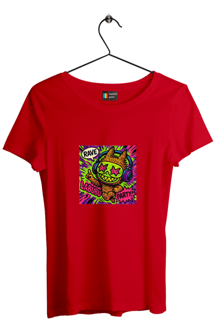 Футболка жіноча з принтом "Лабубу". Вечірка, вуличне мистецтво, графіті, зоряніочі, коміксстиль, лабубу, навушники, неон, попарт, рейв. 2070702