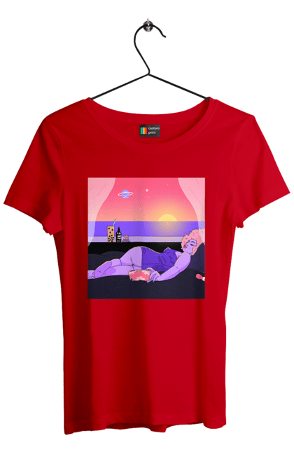 Футболка жіноча з принтом "Фіолетова Дівчина На Відпочинку". Дівчина, захід, телефон. 2070702