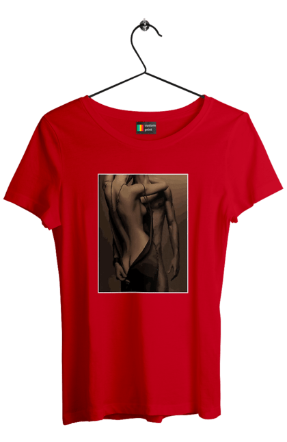 Women`s t-shirt with prints Intrigue. Delight, intrigue, love, man and woman, reciprocity, sex. 2070702