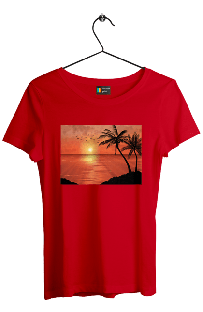Футболка жіноча з принтом "Захід Пальми Море". Берег, захід, море, пальми. 2070702