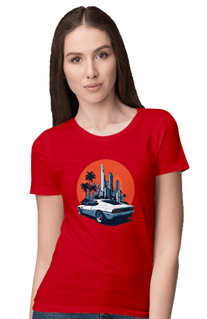 Women`s t-shirt with prints Car. Race, speed, sport car, sunset. 2070702