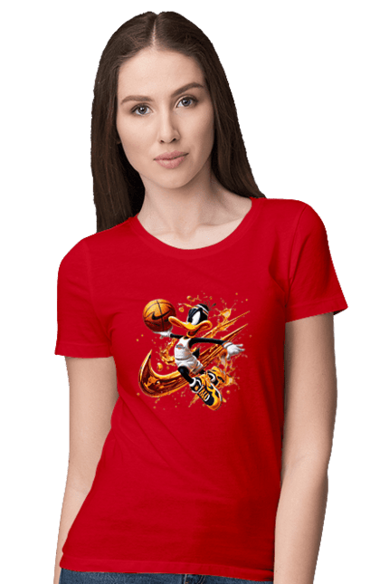 Women's t-shirt with prints Daffy Duck Nike. Cartoon, character, daffy duck, duck, looney tunes, merrie melodies, nike, warner brothers. 2070702