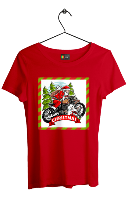 Women`s t-shirt with prints Santa on a motorcycle. Christmas, motorcycle, new year, presents, santa, snowman, tree. 2070702