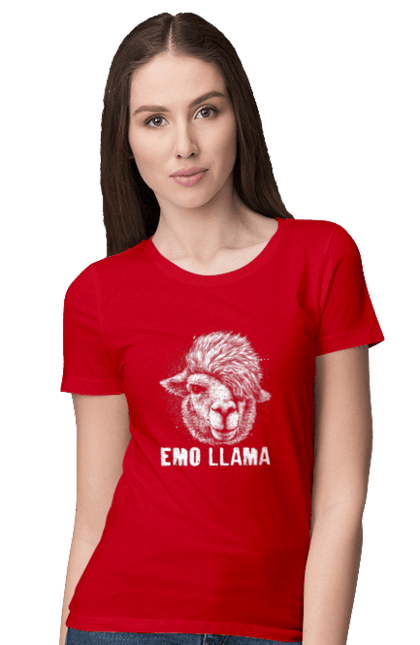 Футболка жіноча з принтом "Емо Лама". Alpaca, animals, distressed, emo, funny, llama, vintage, емо, лама. 2070702