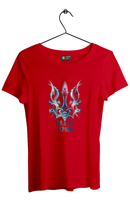 Футболка жіноча з принтом "Тризуб слава Україні кольоровий". Воля, свобода, слава україні, тризуб, тризуб слава україні, україна, я українець. 2070702