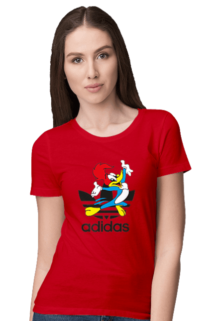 Футболка жіноча з принтом "Adidas Вуді Вудпекер". Adidas, woody woodpecker, адідас, вуді, вуді вудпекер, дятел вуді, мультсеріал. 2070702