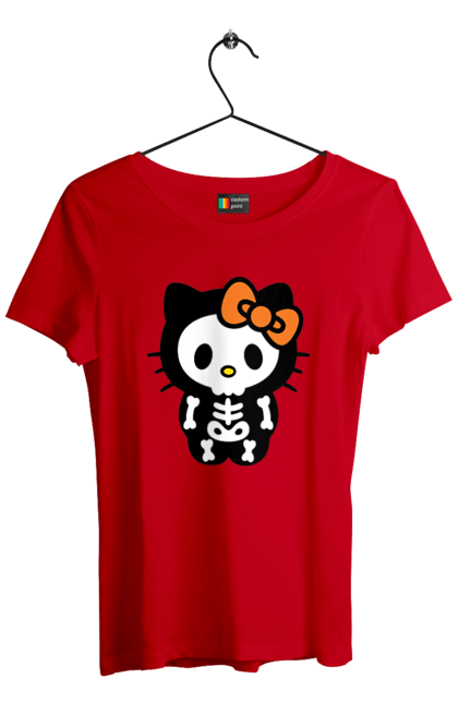 Футболка жіноча з принтом "Хелло Кітті Хелловін". Halloween, hello kitty, zombie, бренд, зомбі, кошеня, персонаж, скелет, хелло кітті, хелловін. 2070702