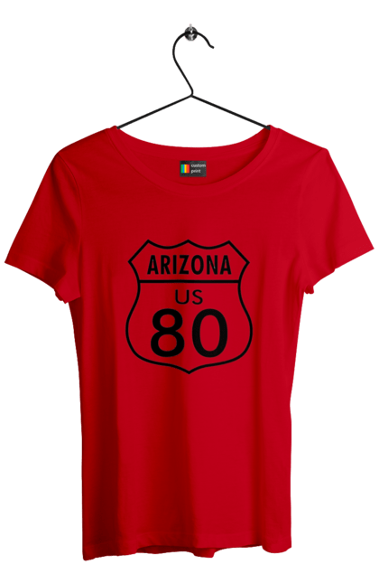 Women`s t-shirt with prints Route 80. Bike, biker, biker club, bikers club, brother, brutal, dude, hot asphalt, hot horse, hot rod, motorcycle, motorcyclist, real man, road 50, road 66, road 80, roads of america, roads of ukraine, roads we choose, speed, take, thirst for speed. 2070702