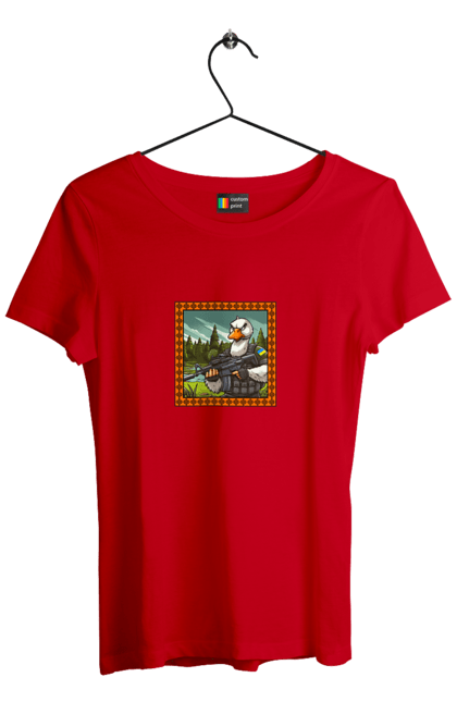 Футболка жіноча з принтом "Гусячий десант". Біологічна зброя, бойові гуси, військовий гусак, гусячий десант, зброєні сили, прапор, символіка, україна. 2070702