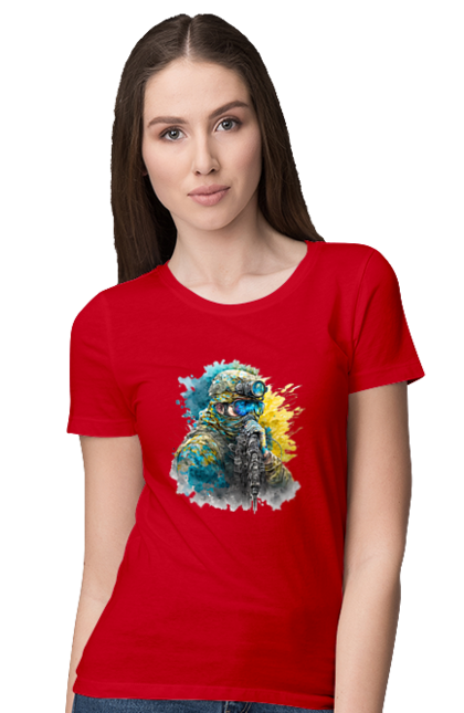 Футболка жіноча з принтом "Снайпер ЗСУ". Армія, зсу, прапор україни, символи україни, снайпер, солдат, україна. 2070702