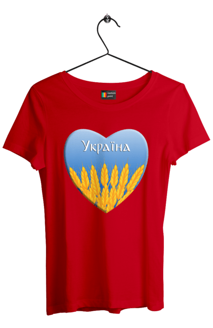 Футболка жіноча з принтом "Серце з колосками Україна". Воля, колоски, небо, перемога, прапор україни, пшениця, серце, символ україни, україна. 2070702