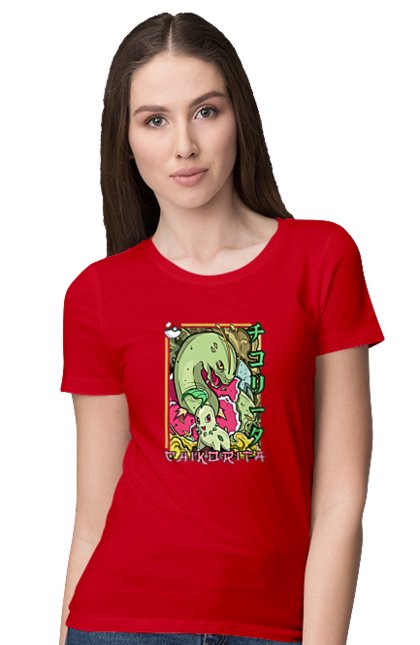 Women's t-shirt with prints Pokemon Chikorita. Anime, chikorita, games, nintendo, pokemon, pokemon go. 2070702