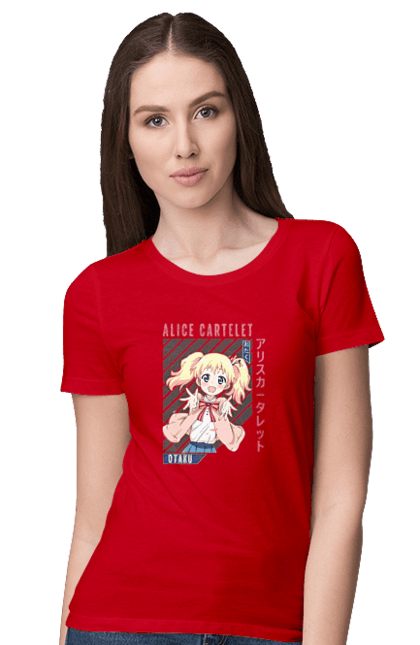 Футболка женская с принтом Золотая мозаика Алиса Картелет. Alice cartelet, anime, kiniro mosaic, kinmoza, manga, алиса, алиса картелет, аниме, золотая мозаика, манга. 2070702