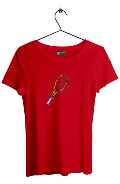 Футболка жіноча з принтом "Ракетка Великий теніс". Великий теніс, гравці, грунт, м`яч, призовий фонд, ракетка, спонсор, турнір на ґрунті, турнірна сітка. 2070702