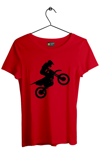 Футболка жіноча з принтом "Силует Мотоцикліста". Мотоцикл, мотоцикліст, шолом. 2070702