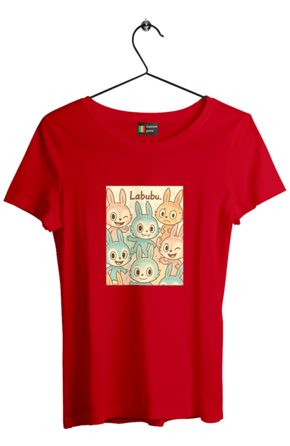 Футболка жіноча з принтом "Лабубу". Безтурботно, грайливо, дизайнперсонажу, каваї, лабубу, милі мистецтво, ніжні відтінки, пастельніквіти, стиль мультфільму, чарівно. 2070702