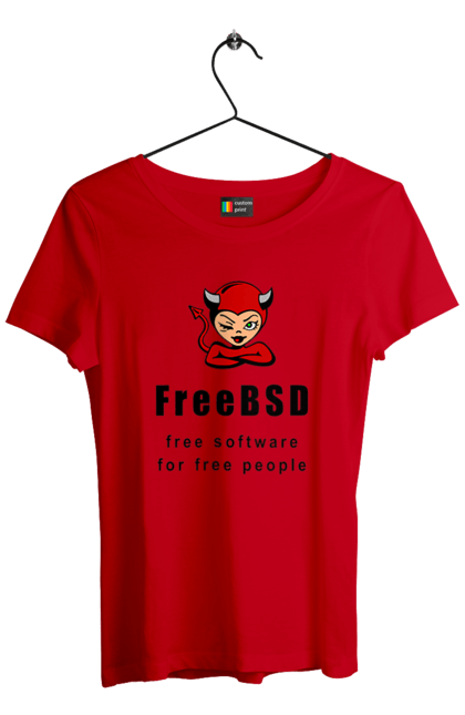 Футболка жіноча з принтом "Freebsd Для Вільних". Bsd, freebsd, unix, адміністратор, айті, айтішник, безкоштовна, безкоштовно, бестія, вільна, демон, демонесса, доступність, незалежність, операційна система, ос, програміст, програмне забезпечення, свобода, сисадмін, система, системний адміністратор, софт, текст, червоний, чорний. 2070702