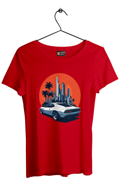 Women`s t-shirt with prints Car. Race, speed, sport car, sunset. 2070702