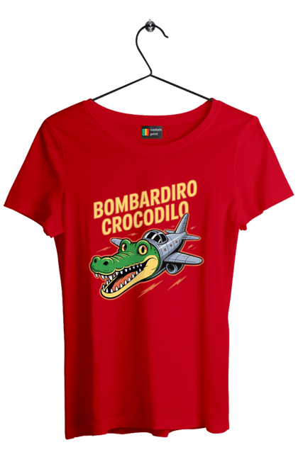 Футболка жіноча з принтом "Bombardino Crocodilo". Bombardino, bombardino crocodilo, crocodilo, бомбардиро крокодило, бомбардіно крокоділо, крокодил, крокодил літак, крокодил мем, мем бомбардине крокодило, меми. 2070702