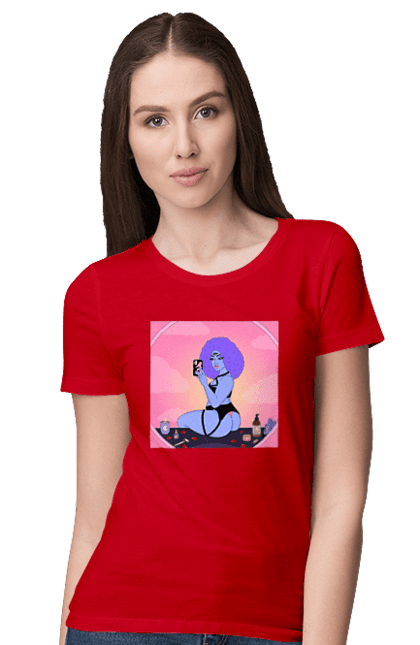 Women`s t-shirt with prints Purple Girl Photo In The Mirror. Mirror, whiteness. 2070702