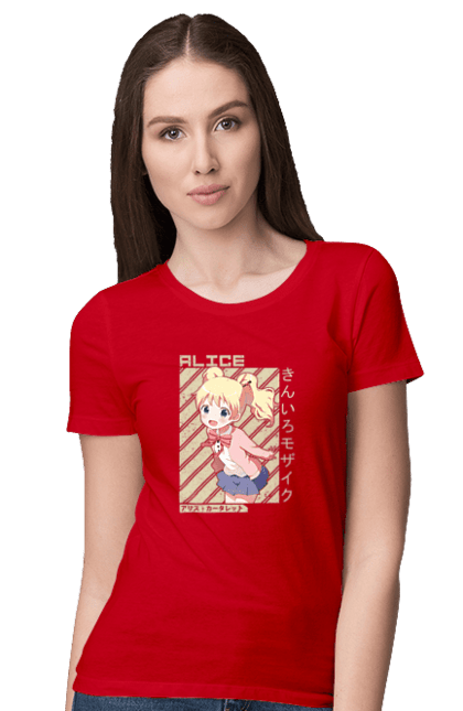 Футболка женская с принтом Золотая мозаика Алиса Картелет. Alice cartelet, anime, kiniro mosaic, kinmoza, manga, алиса, алиса картелет, аниме, золотая мозаика, манга. 2070702