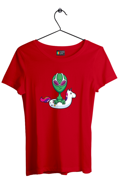 Women`s t-shirt with prints Alien Floats In A Circle. Alien, inflatable circle, to swim. 2070702