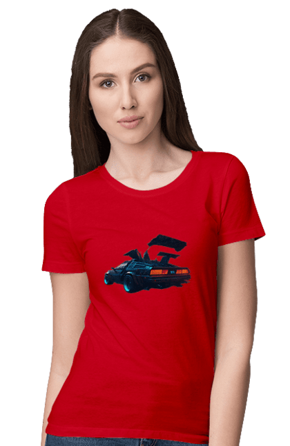 Women`s t-shirt with prints DeLorean from back to the future. Car, delorean, from film. 2070702