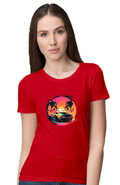 Футболка жіноча з принтом "Ламборджині Ретровейв". Авто, автомобиль, ламба, ламборджині, машина, машини, ретровейв. 2070702