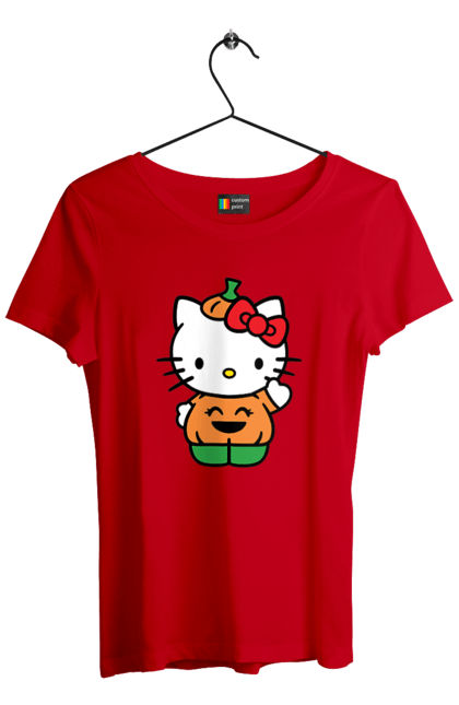 Women's t-shirt with prints Hello Kitty Halloween. Brand, character, halloween, hello kitty, kitten, kitty, pumpkin. 2070702