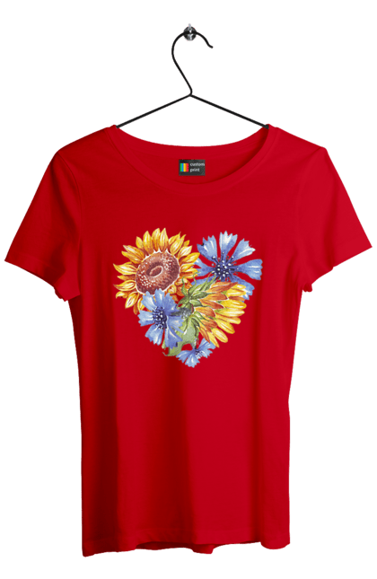 Футболка жіноча з принтом "Серце соняшники та фіалки". Квіти, люблю україну, любов, серце, соняшник, україна, фіалки. 2070702