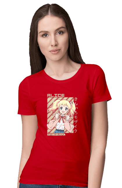 Футболка женская с принтом Золотая мозаика Алиса Картелет. Alice cartelet, anime, kiniro mosaic, kinmoza, manga, алиса, алиса картелет, аниме, золотая мозаика, манга. 2070702