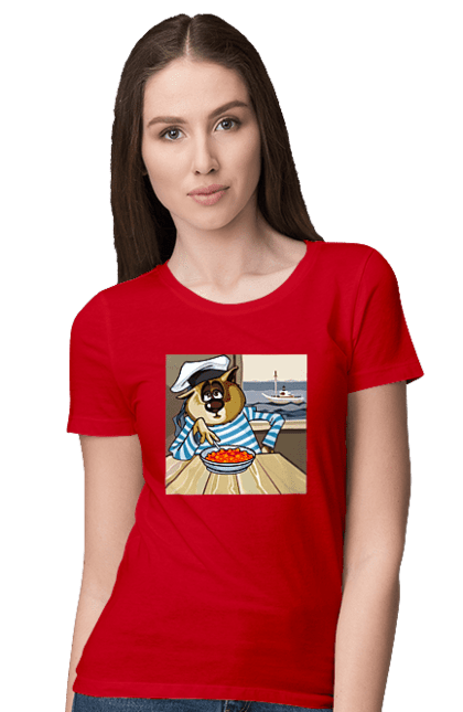 Women`s t-shirt with prints Cat Sailor, On The Ship Eats Red Caviar. Cat, caviar, sailor, ship. 2070702