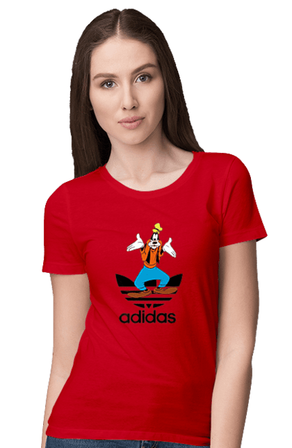 Футболка женская с принтом Adidas Гуфи. Adidas, goofy, адидас, гуфи, мультсериал, мультфильм, пес, собака. 2070702