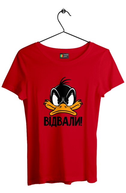 Футболка жіноча з принтом "Даффі Дак Відвали". Даффі дак, дісней, жовте каченя, каченя, качка, качки, качкодзьоб, смішне, українське. 2070702
