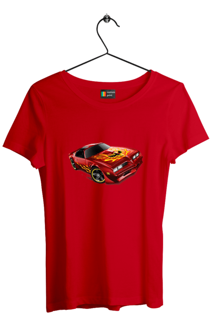 Футболка жіноча з принтом "Машина червона, швидкісна". Їзда, колеса, машина, швидкість. 2070702