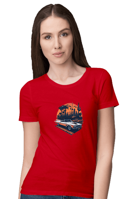 Women`s t-shirt with prints Beautiful car at sunset. Auto, sun, sunset. 2070702
