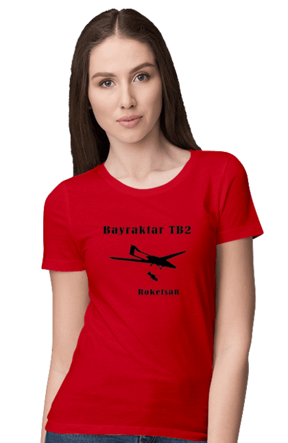 Футболка жіноча з принтом "Bayraktar TB2". Bayraktar, bayraktar tb2, агресія, байрактор, безпілотний, бойовики, війна, донбас, захист, зсу, контратака, літак, оборона, патріот, ракета, удар, ударний, україна. aslan
