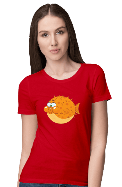 Футболка жіноча з принтом "Помаранчева Риба Фугу". Риба, фугу. 2070702