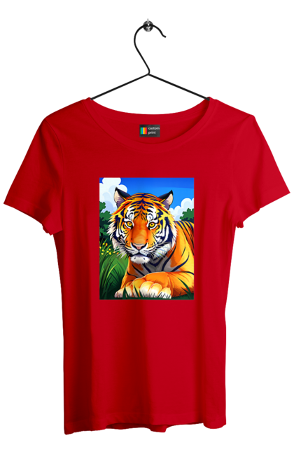 Футболка жіноча з принтом "Тигр у квітах". Тигр, тигр на природі, тигр у квітах. CustomPrint.market