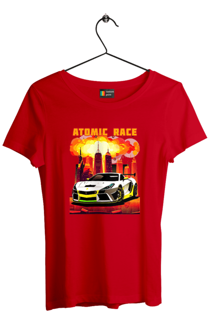 Футболка жіноча з принтом "Атомна гонка". Авто, автомобіль, атомні перегони, гонки, гоночні машини, спортивна машина, спорткар. 2070702