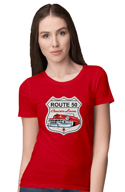 Women`s t-shirt with prints Route 50. Bike, biker, biker club, bikers club, brother, brutal, dude, hot asphalt, hot horse, hot rod, motorcycle, motorcyclist, real man, road 50, road 66, road 80, roads of america, roads of ukraine, roads we choose, speed, take, thirst for speed. 2070702